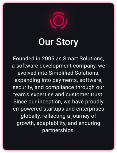 Simplified Solutions Story <br />
Story: Founded in 2005 as Smart Solutions, we grew into Simplified Solutions, expanding in payments, software, security & compliance.