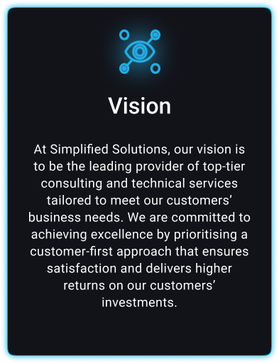 Simplified Solutions Values Vision: Leading in consulting & tech services with a customer-first focus, ensuring satisfaction & high returns on investment.